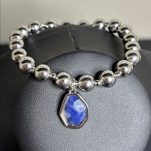 Silver Metal Beads Beaded Stretch Bracelet with Dragonfly & Blue Stone Charm